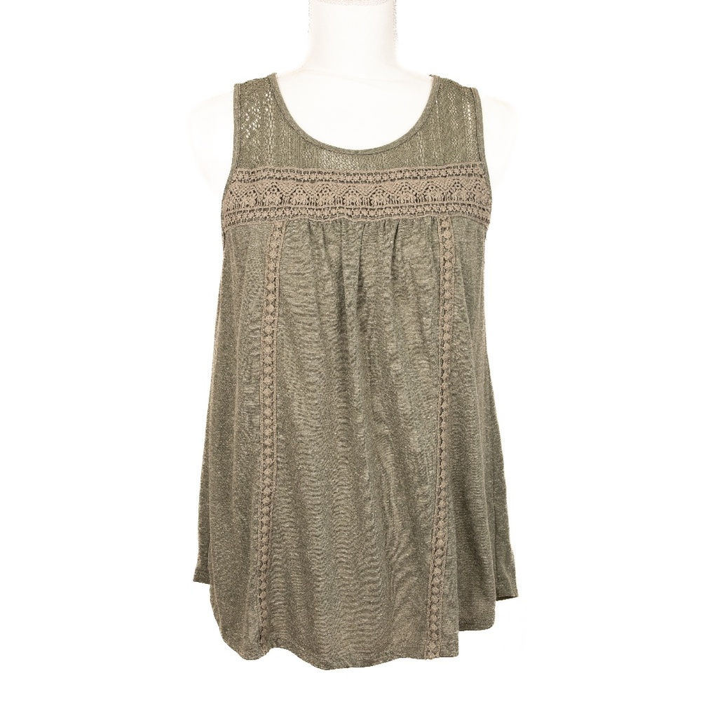Sonoma Olive Green Smocked Sleeveless Tank Top w/ Lace & Embroidered Detailing